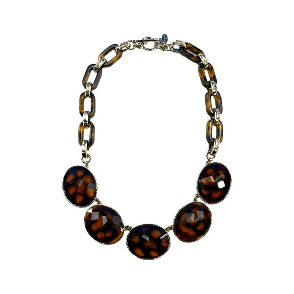 Faux Tortoise Shell Necklace Ann Taylor Statement Links Rhinestones Gold Tone - Picture 1 of 9